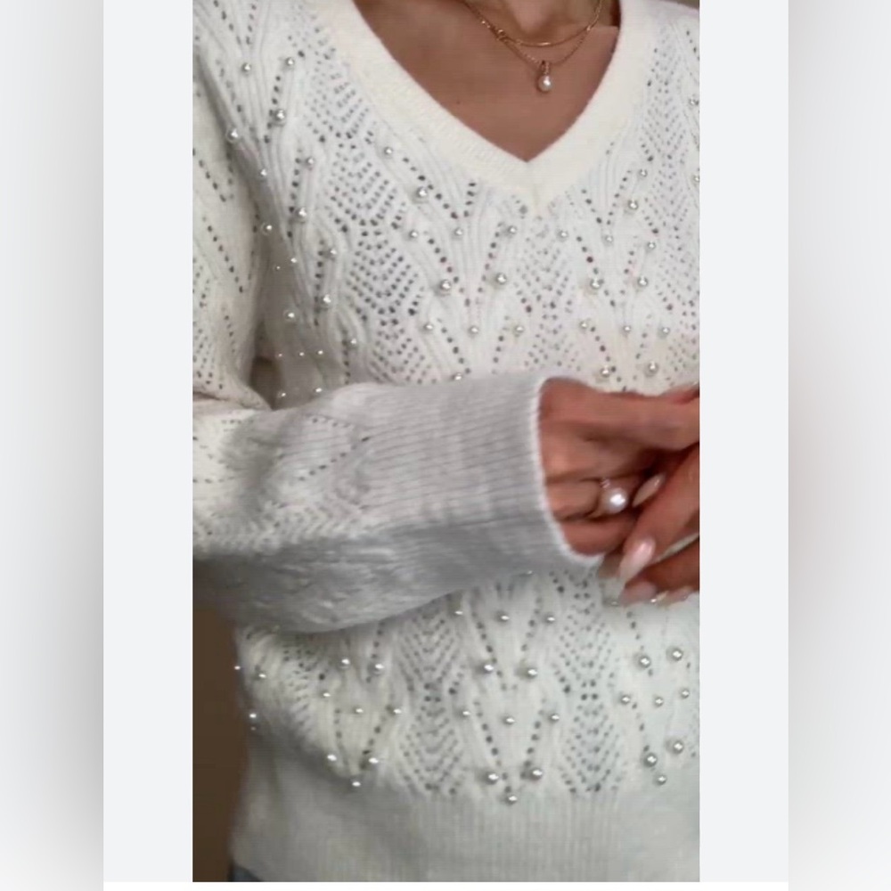 Nanette Lepore Pearl-Embellished Ivory V-Neck Sweater Sz Small Cottagecore